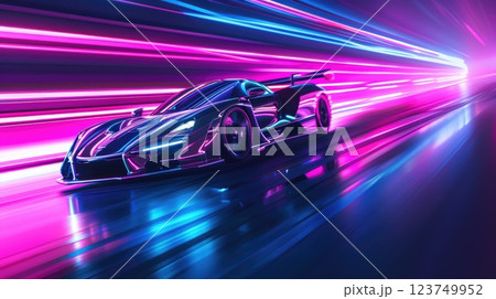 A car is driving down a road with neon lights in the background A car is driving down a road with neon lights in the background 123749952