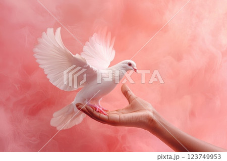 Graceful white dove soaring from a hand amidst a soft pink background, symbolizing peace and freedom in a serene and artistic composition Graceful white dove soaring from a hand amidst a soft pink background, symbolizing peace and freedom in a serene and artistic composition 123749953