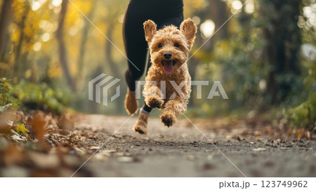 A dog is running through the woods, with its tongue out and a smile on its face A dog is running through the woods, with its tongue out and a smile on its face 123749962