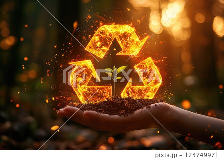 Hand Holding a Tiny Plant Surrounded by a Vibrant Recycle Symbol Created from Glowing Elements, Representing Sustainability and Environmental Awareness in Nature Hand Holding a Tiny Plant Surrounded by a Vibrant Recycle Symbol Created from Glowing Elements, Representing Sustainability and Environmental Awareness in Nature 123749971