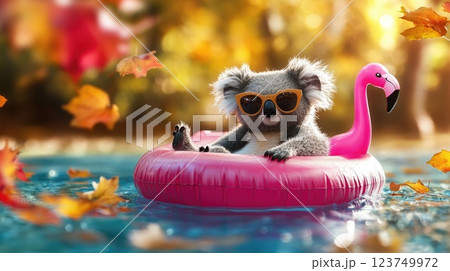 Trendy Koala Relaxing on Inflatable Flamingo in Autumn Pool Paradise Trendy Koala Relaxing on Inflatable Flamingo in Autumn Pool Paradise 123749972