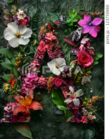 Floral tropical letter A with palm leaves and flowers. floral monogram for design 123750660