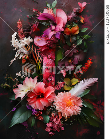 Floral tropical letter I with palm leaves and flowers. floral monogram for design 123750668