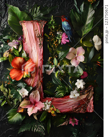 Floral tropical letter L with palm leaves and flowers. floral monogram for design 123750671