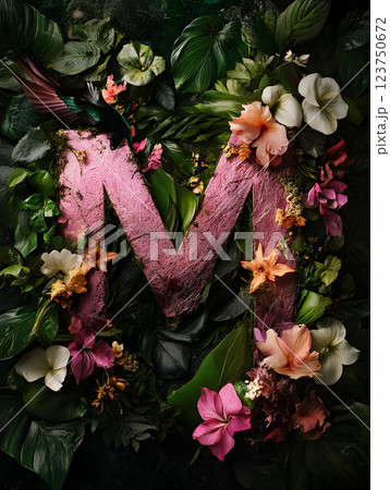 Floral tropical letter M with palm leaves and flowers. floral monogram for design 123750672
