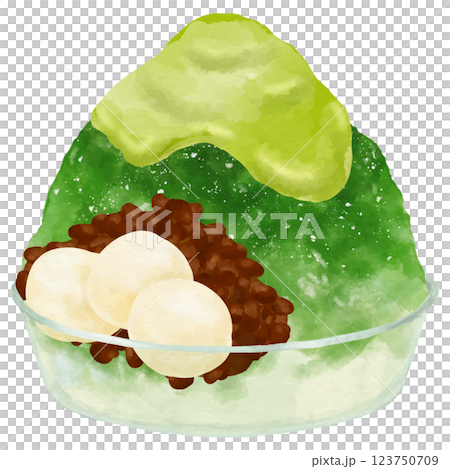 玻璃碗中放入 1 杯宇治金時刨冰(3 顆白玉 + 紅豆餡 + 泡沫) 玻璃碗中放入 1 杯宇治金時刨冰(3 顆白玉 + 紅豆餡 + 泡沫) 123750709