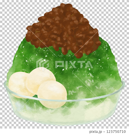 玻璃碗中放入 1 杯宇治金時刨冰(3 顆白玉球 + 紅豆餡) 玻璃碗中放入 1 杯宇治金時刨冰(3 顆白玉球 + 紅豆餡) 123750710