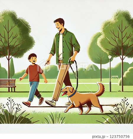 公園で犬を連れて散歩する家族 123750756