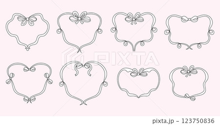 Vintage Coquette Thin Frame with Ribbons Bows Set. Girly Vibe. Vector illustration. Isolated Trendy aesthetic hand-drawn Template for card, invitations, decorative labels and branding elements Vintage Coquette Thin Frame with Ribbons Bows Set. Girly Vibe. Vector illustration. Isolated Trendy aesthetic hand-drawn Template for card, invitations, decorative labels and branding elements 123750836