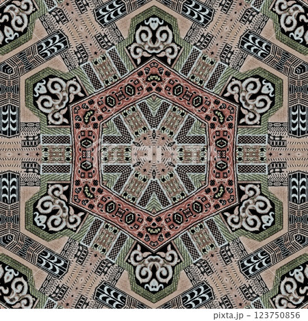 Modern geometric floral design for textile, floor tiles, digital paper print. Persian carpet design with tribal texture. Traditional Turkish pattern for throw pillow, rug, carpet, and fabric printing 123750856