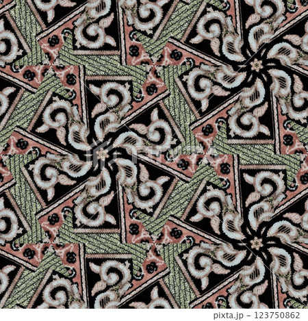 Modern geometric floral design for textile, floor tiles, digital paper print. Persian carpet design with tribal texture. Traditional Turkish pattern for throw pillow, rug, carpet, and fabric printing 123750862