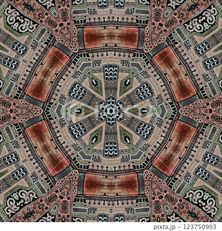 Modern geometric floral design for textile, floor tiles, digital paper print. Persian carpet design with tribal texture. Traditional Turkish pattern for throw pillow, rug, carpet, and fabric printing 123750903