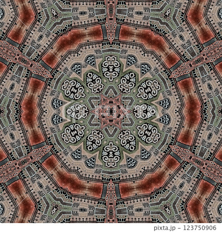 Modern geometric floral design for textile, floor tiles, digital paper print. Persian carpet design with tribal texture. Traditional Turkish pattern for throw pillow, rug, carpet, and fabric printing 123750906