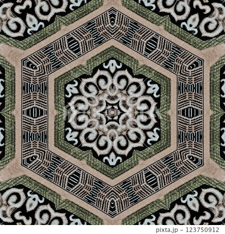 Modern geometric floral design for textile, floor tiles, digital paper print. Persian carpet design with tribal texture. Traditional Turkish pattern for throw pillow, rug, carpet, and fabric printing 123750912