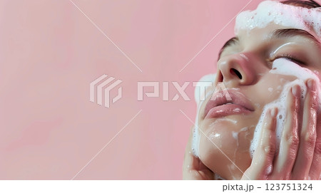 Young female cleansing face with foam skincare treatment for daily routine 123751324