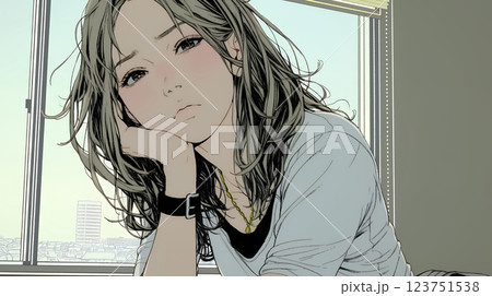 眉をひそめている女性：少し首を傾げて机に座っている