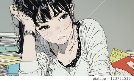眉をひそめている女性：少し首を傾げて机に座っている