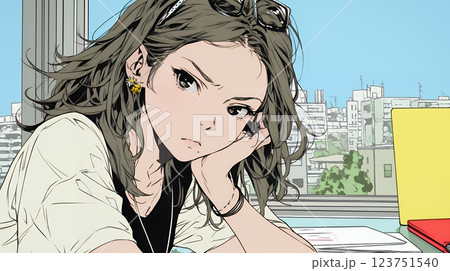 眉をひそめている女性：少し首を傾げて机に座っている