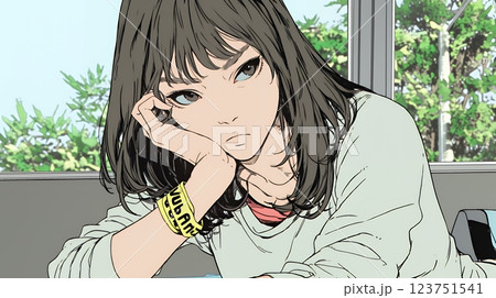 眉をひそめている女性：少し首を傾げて机に座っている