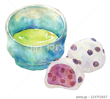 水彩イラスト　抹茶と豆大福のセット 123751657