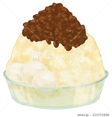 ガラスの器に入った、ミルク金時のかき氷(白玉+あんこ) ガラスの器に入った、ミルク金時のかき氷(白玉+あんこ) 123751686