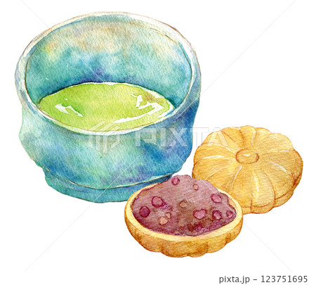 水彩イラスト　お抹茶ともなかのセット 123751695
