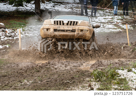 Offroad sport for racing, speed, show and entertainment. Interesting images from offroad races on challenging tracks created among pine trees. Offroad sport for racing, speed, show and entertainment. Interesting images from offroad races on challenging tracks created among pine trees. 123751726