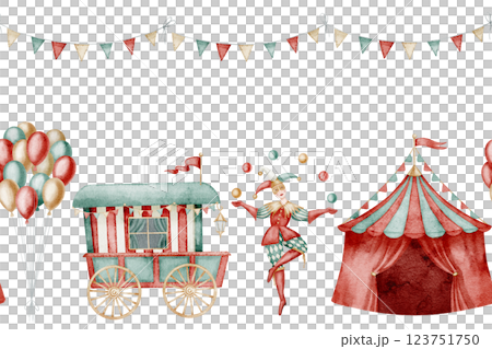 Circus watercolor seamless Border. Illustration of Carnival pattern with tents, jugglers, balloons and carts for childish party invitations or baby performance greeting cards. Banner for festival. Circus watercolor seamless Border. Illustration of Carnival pattern with tents, jugglers, balloons and carts for childish party invitations or baby performance greeting cards. Banner for festival. 123751750