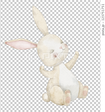 Watercolor illustration of a joyful, smiling Bunny sitting playfully in soft pastel tones. Drawing of cute Rabbit for nursery decor or Baby shower invitations. Art of Hare for childish birthday cards. Watercolor illustration of a joyful, smiling Bunny sitting playfully in soft pastel tones. Drawing of cute Rabbit for nursery decor or Baby shower invitations. Art of Hare for childish birthday cards. 123751751