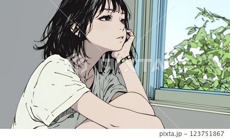 眉をひそめている女性：心配そうに窓の外を見つめている