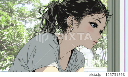眉をひそめている女性：心配そうに窓の外を見つめている