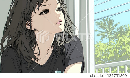 眉をひそめている女性：心配そうに窓の外を見つめている
