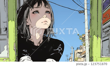 眉をひそめている女性：心配そうに窓の外を見つめている