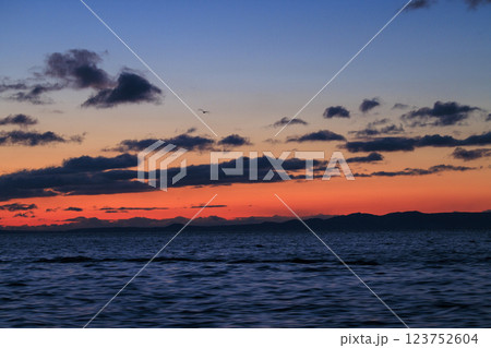 朝焼けに映える国後島(羅臼沖より撮影) 朝焼けに映える国後島(羅臼沖より撮影) 123752604
