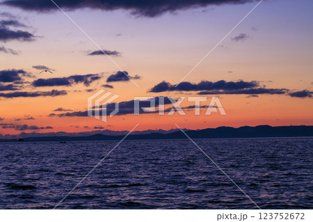 朝焼けに映える国後島(羅臼沖より撮影) 朝焼けに映える国後島(羅臼沖より撮影) 123752672