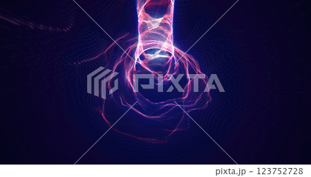 Abstract tunnel of glowing purple dots forming a vortex-like design, futuristic digital visualization in a dark background 123752728