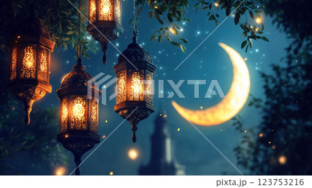 A beautiful night sky with a glowing crescent moon and ornate lanterns hanging, symbolizing the beginning of Ramadan with a serene and spiritual atmosphere. A beautiful night sky with a glowing crescent moon and ornate lanterns hanging, symbolizing the beginning of Ramadan with a serene and spiritual atmosphere. 123753216