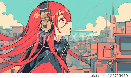 ヘッドホンで音楽を聴く女の子 123753480