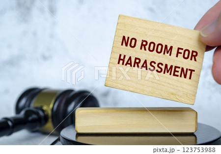 No room for harassment text written on wooden board with lawyer gavel background 123753988
