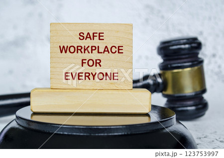 Safe workplace for everyone text written on wooden board with lawyer gavel background. Harassment concept. Safe workplace for everyone text written on wooden board with lawyer gavel background. Harassment concept. 123753997