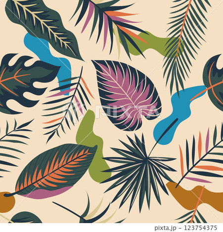 Modern exotic jungle pattern with tropical leaves. Collage contemporary seamless pattern. Hand drawn cartoon style pattern. Modern exotic jungle pattern with tropical leaves. Collage contemporary seamless pattern. Hand drawn cartoon style pattern. 123754375