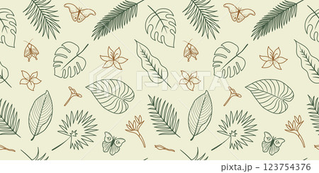 Seamless pattern with tropical leaves, flowers and butterflies doodle hand drawn style. Exotic flora background. Seamless pattern with tropical leaves, flowers and butterflies doodle hand drawn style. Exotic flora background. 123754376