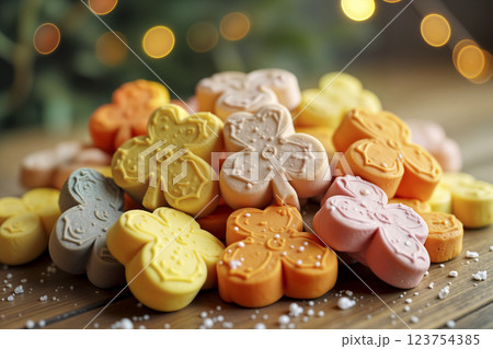 Shamrock candies in pastel shades, perfect for St. Patrick Day. AI generated 123754385