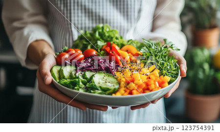 Woman holding plate with vegan or vegetarian healthy diet food. Woman holding plate with vegan or vegetarian healthy diet food. 123754391