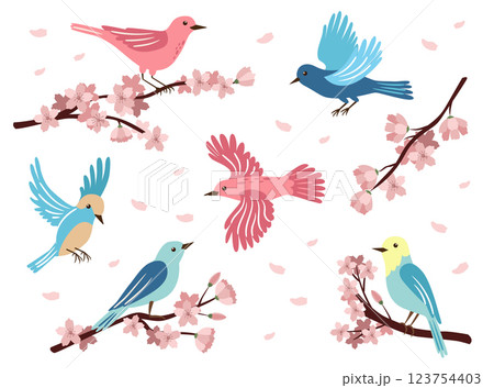 Spring birds and flowering branches. A trendy set of elements for printing on postcards, banners, invitations. 123754403