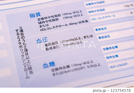 健康診断での結果判定と数値　血圧、メタボリック、血液、悪玉善玉コレステロール、ガンマGTPなど 123754578