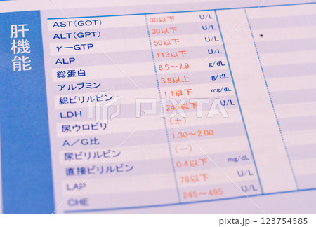 健康診断での結果判定と数値　血圧、メタボリック、血液、悪玉善玉コレステロール、ガンマGTPなど 123754585