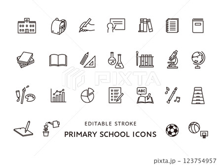 小学校の授業にまつわるアイコンセット(モノクロ) 小学校の授業にまつわるアイコンセット(モノクロ) 123754957
