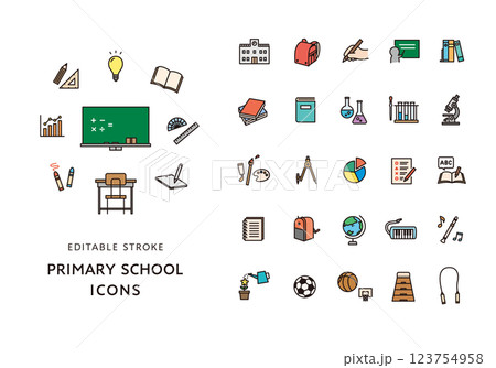 小学校の授業にまつわるアイコンセット(カラー) 小学校の授業にまつわるアイコンセット(カラー) 123754958