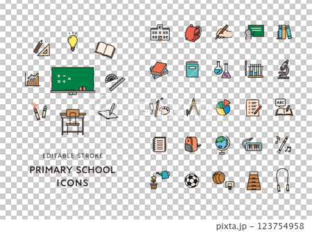 小学校の授業にまつわるアイコンセット(カラー) 小学校の授業にまつわるアイコンセット(カラー) 123754958